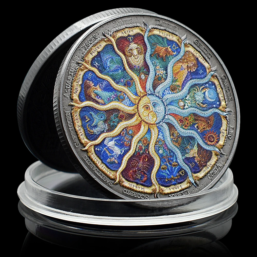 

Sun Moon God Lucky Coin Twelve Constellations Retro Color Challenge Coin 1 Ounce Collectible Medallion Holiday Gift
