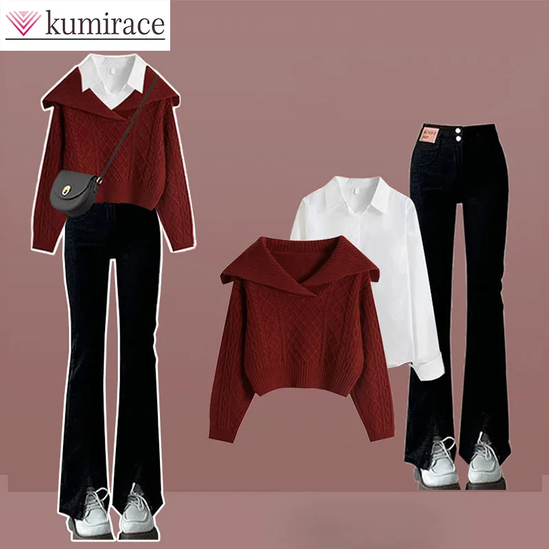 Autumn and Winter Set Women's 2023 New Korean Polo Collar Knitted Sweater Shirt Jeans Three Piece Set Winter Clothes Women Pants