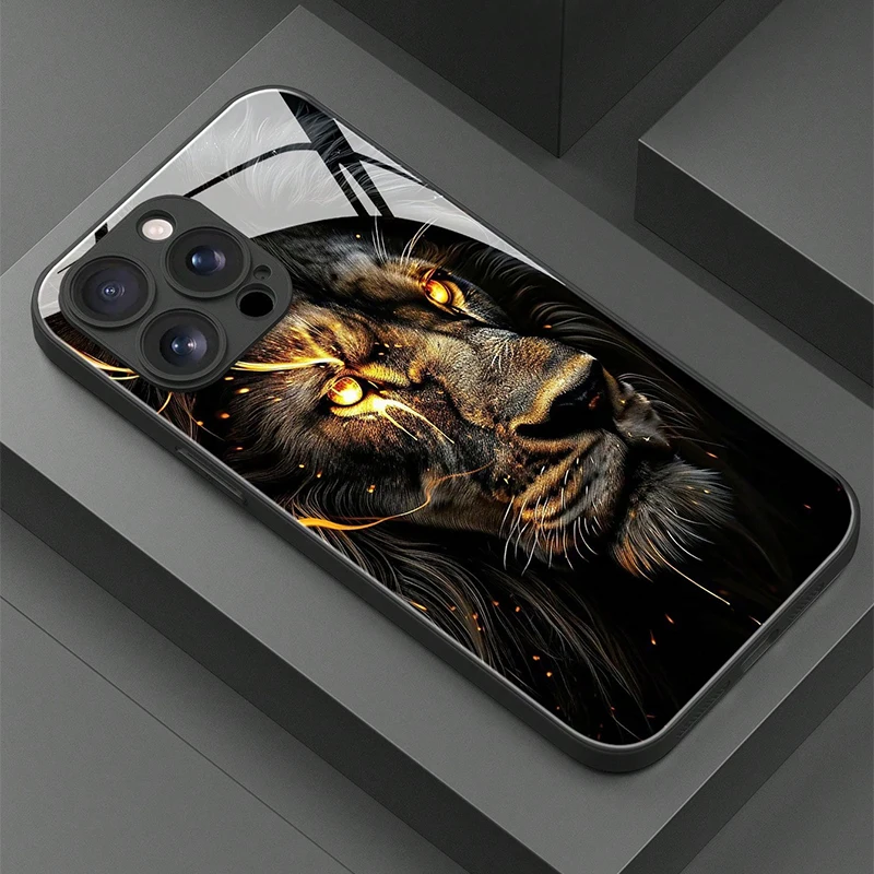 Handyhülle aus gehärtetem Glas mit dunklem Löwenkopfmuster für iPhone 18 17 Pro Max 16 15 14 13 12 11 Pro 17Air 16E 7 8 Plus XR XS X Cover