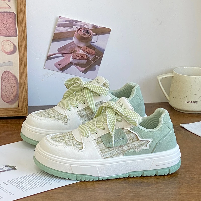 

Round Toe Shoes Woman 2024 Female Footwear Casual Sneaker All-Match Mixed Colors New Dress Summer Small Cross Sports Lace-Up Flo