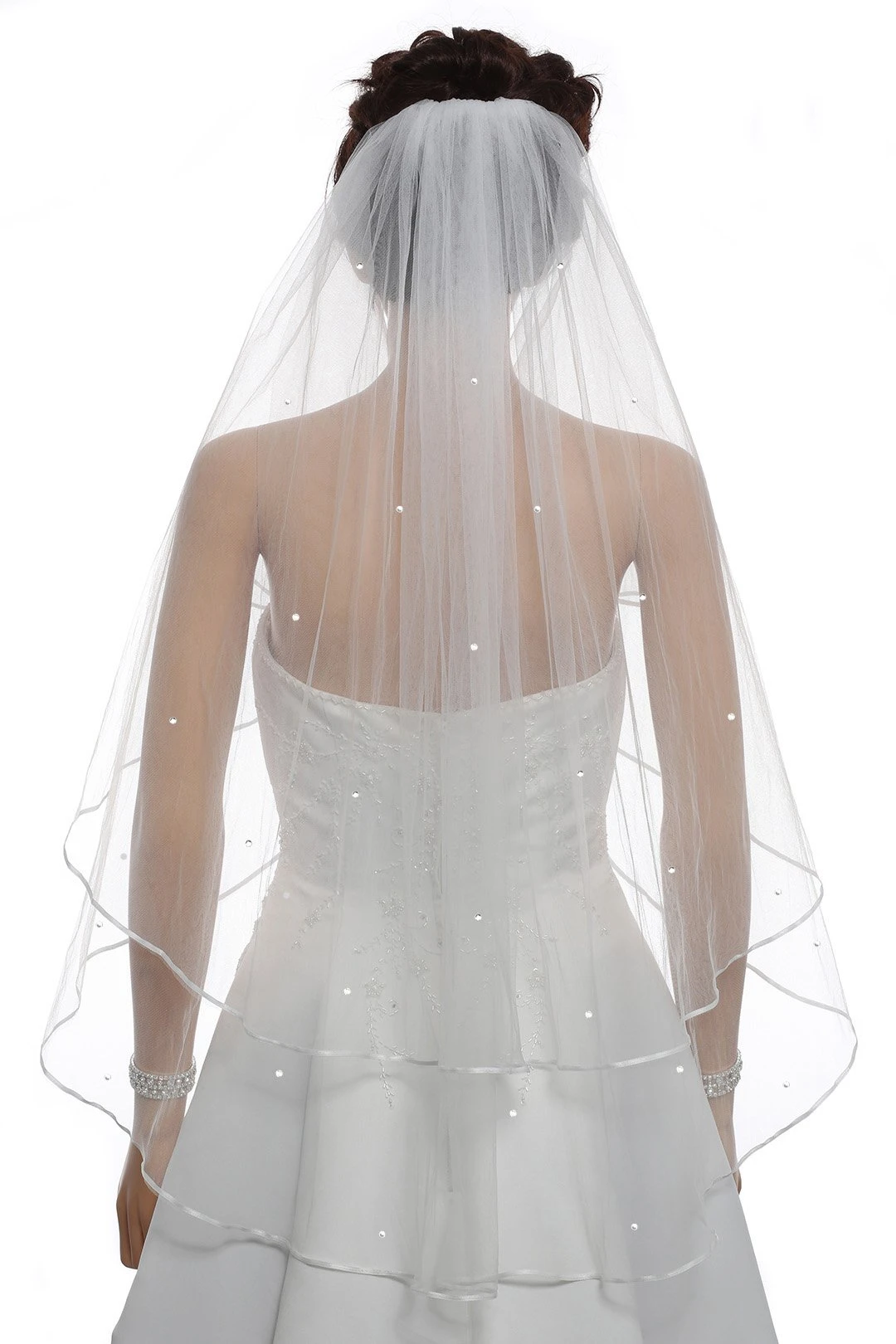 2t 2 Tier Ribbon Edge Center Gathered Rhinestone Crystal Bridal Veil