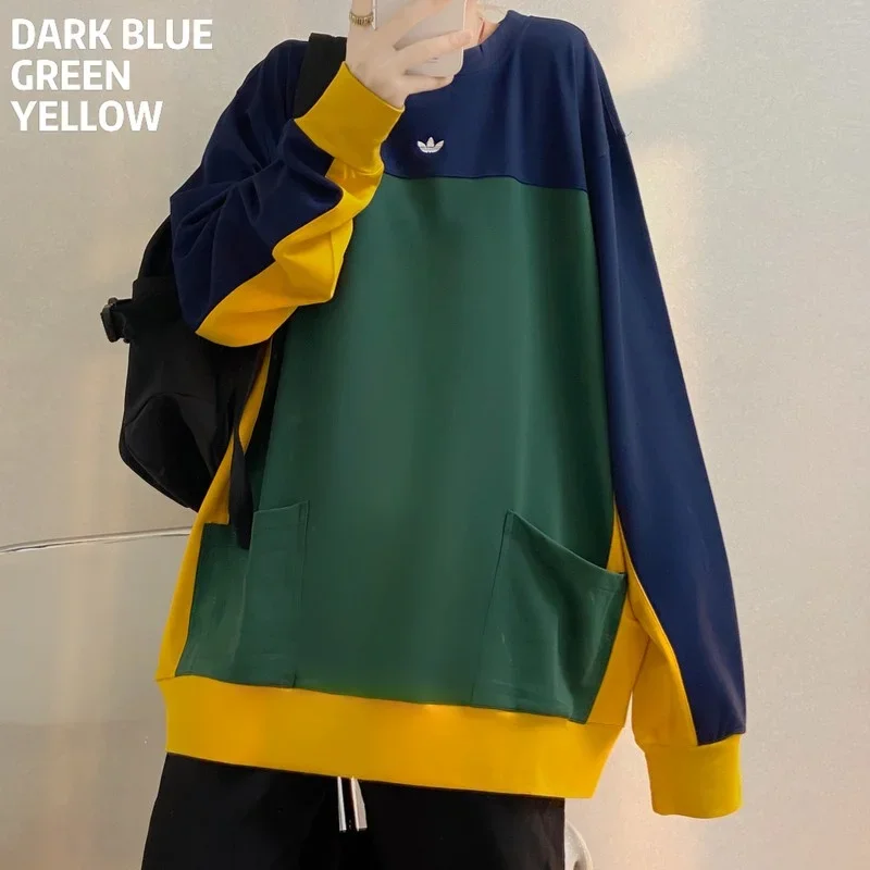 Adidas Hoodies Women Versatile Color Splicing Style Outdoor Sports Oversize Round Neck Sweatshirts Green/Yellow/Blue