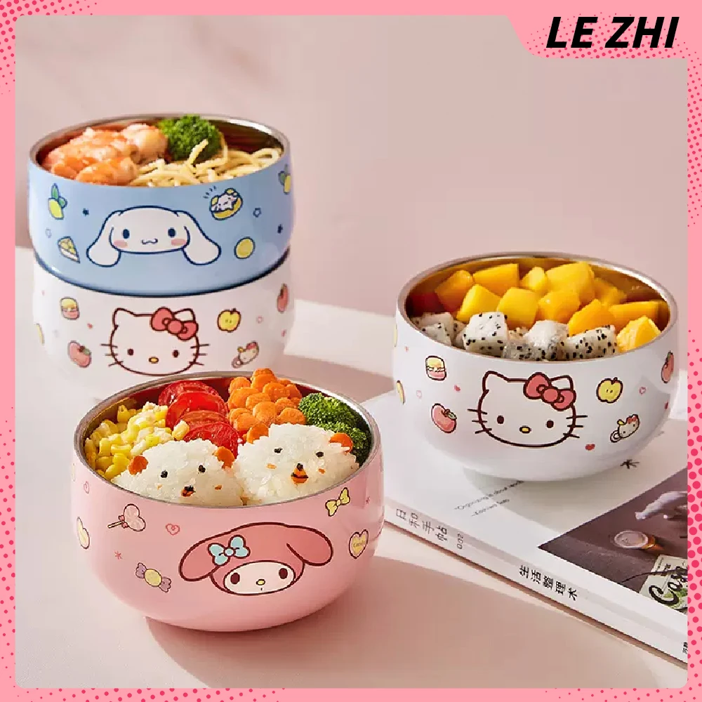 

Cute Anti-fall Stainless Steel Rice Bowl Cinnamoroll Mymelody Cartoon Double-deck Anti-scald Maiden Heart Tableware Noodle Bowl