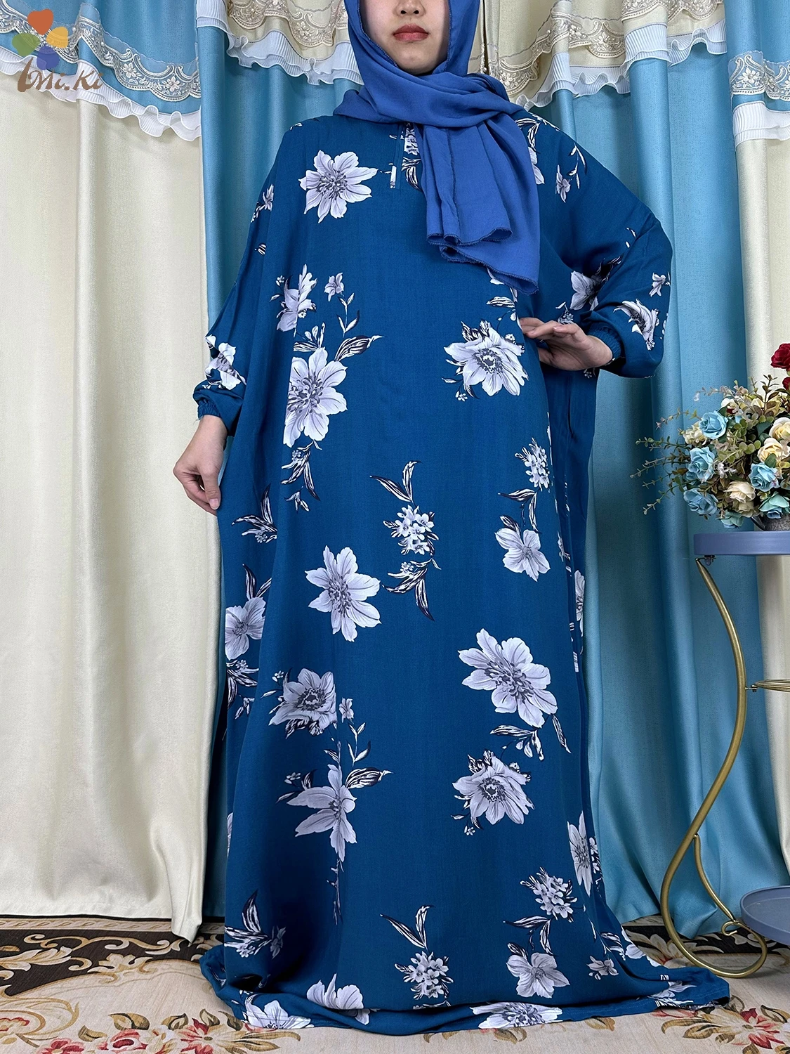 New African Abaya Woman Dress Ramadan Prayer Clothing Turkey Middle East Femme Robe Floral Loose Muslim Rayon Dress Turban Joint