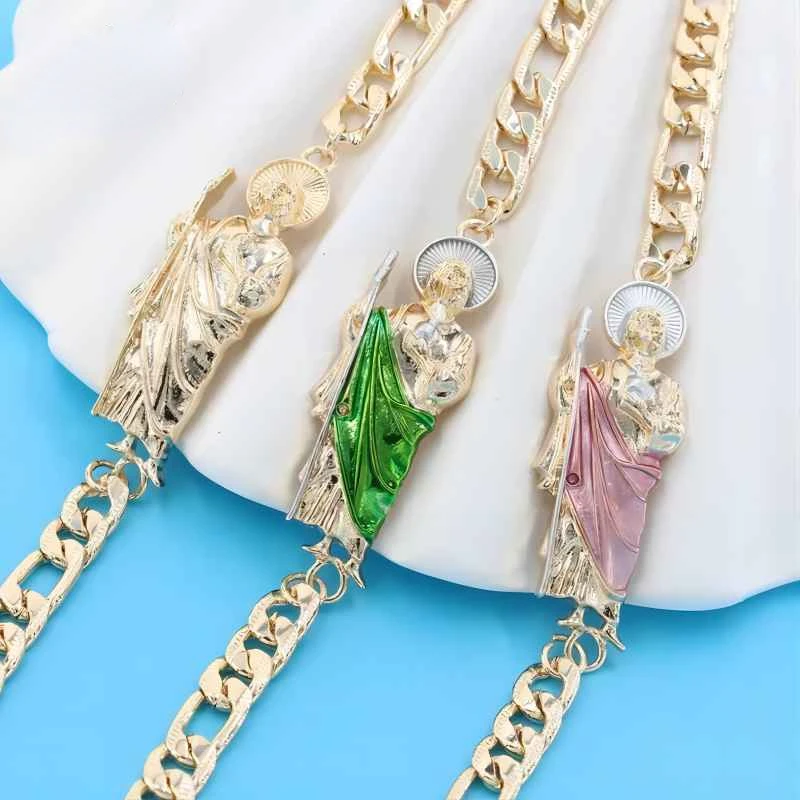 Ruixi Classic Fashion 18K Placcato Oro Tre Colori Saint Jude Ciondolo Oro Laminado Punk Uomo Donna Bracciale Festa Regalo Di Compleanno