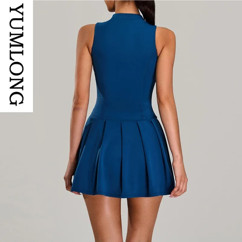 Women Sleeveless Zipper Tennis Dress Waist-Cinching Push-Up Sportswear Built-in Shorts Fitness Athletic Skirt Mujer Apparel