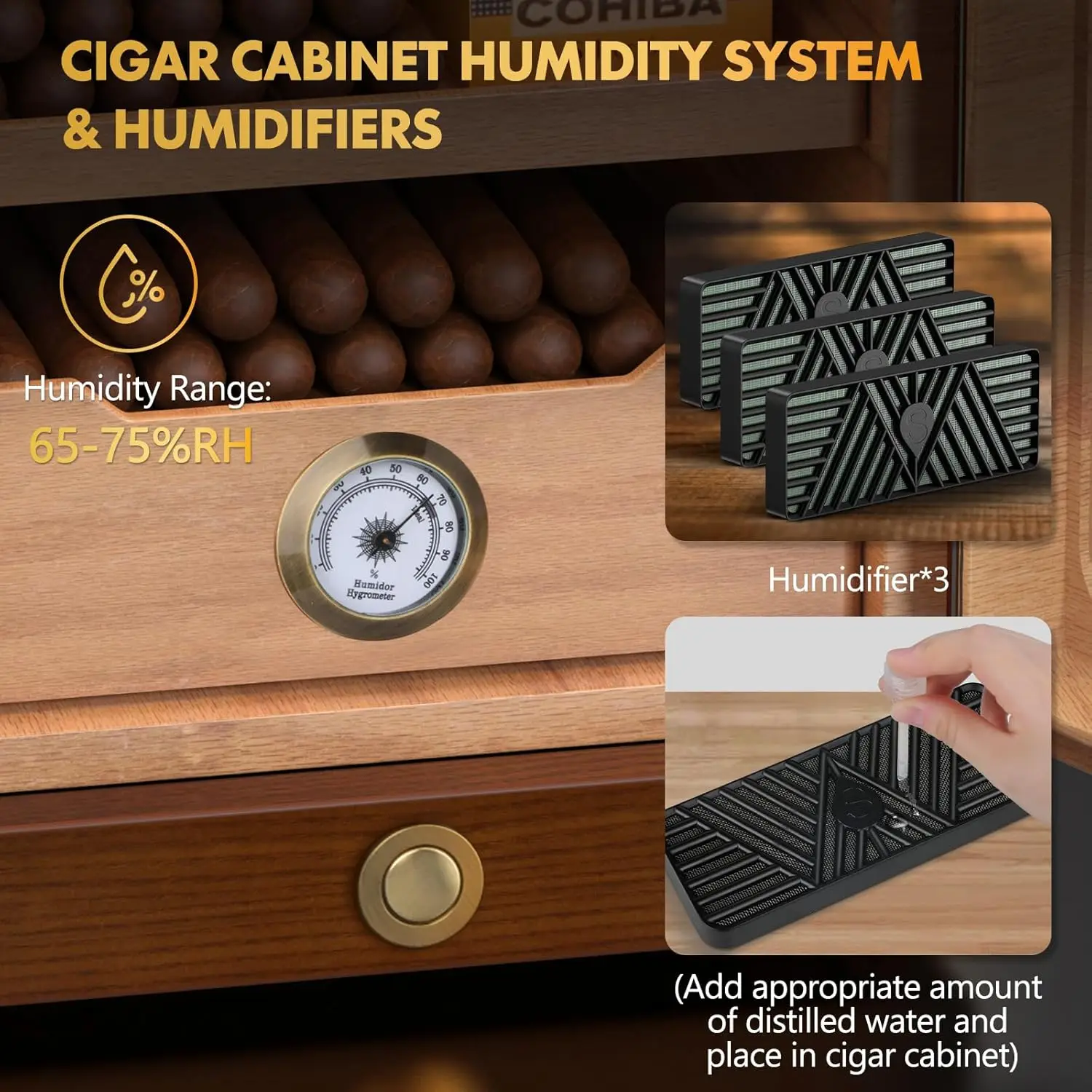 Cigar Cabinet, Desktop Humidor Light Control System with Spanish Cedar Wood Shelves, 3 Humidifiers and Accessories Drawer 5