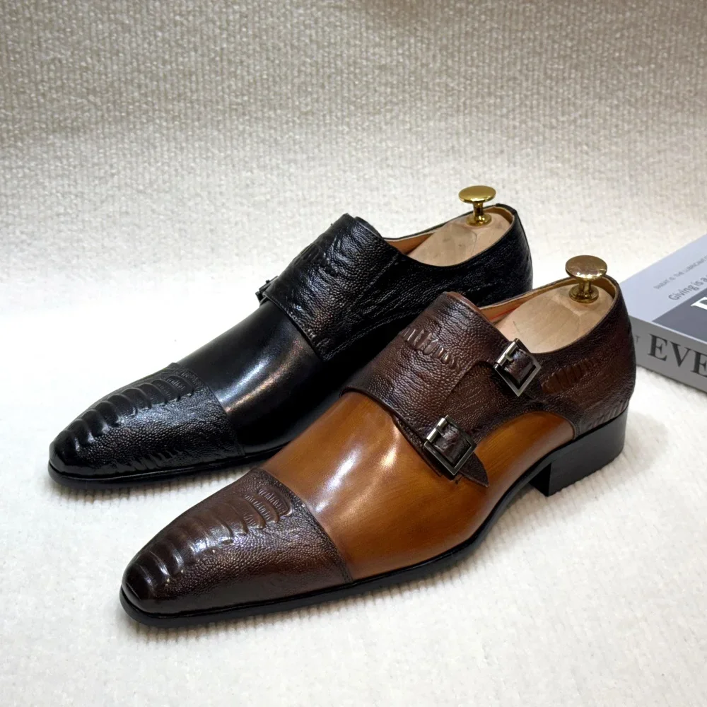 Men's Handmade Monk Shoes Double Buckle Genuine Cow Leather Wedding Business Formal Footwear