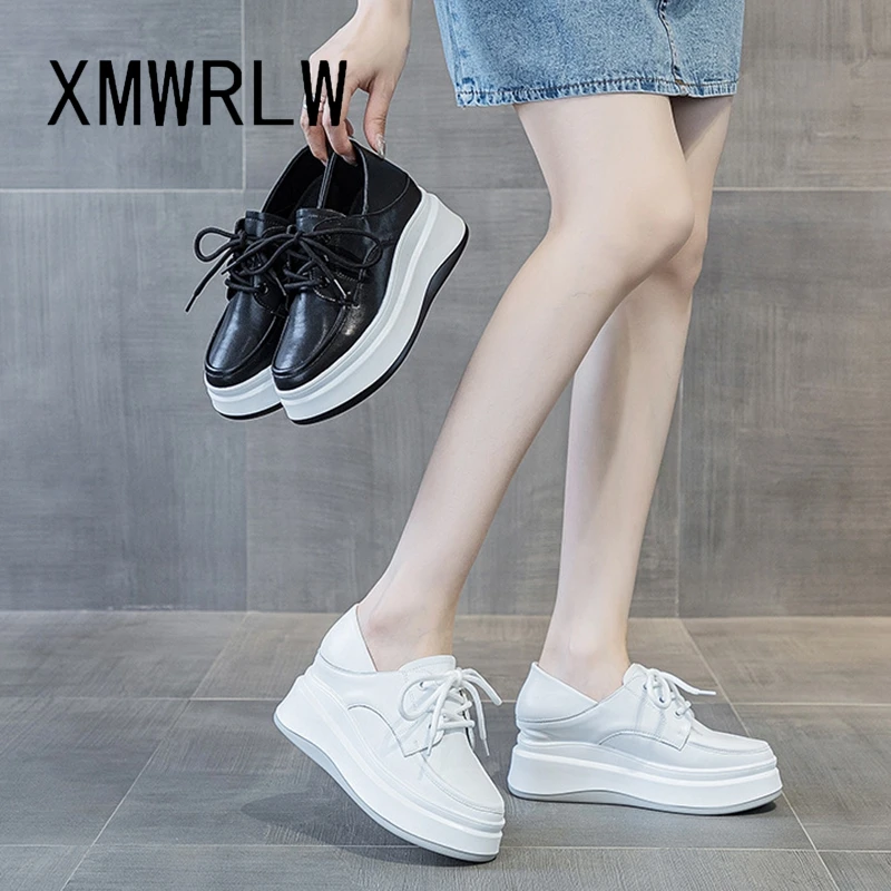 

XMWRLW Women's Chunky Sneakers 2023 Autumn Leather Fashion High Heels Female White Shoes Women Autumn Shoes Non-Slip Sneaker