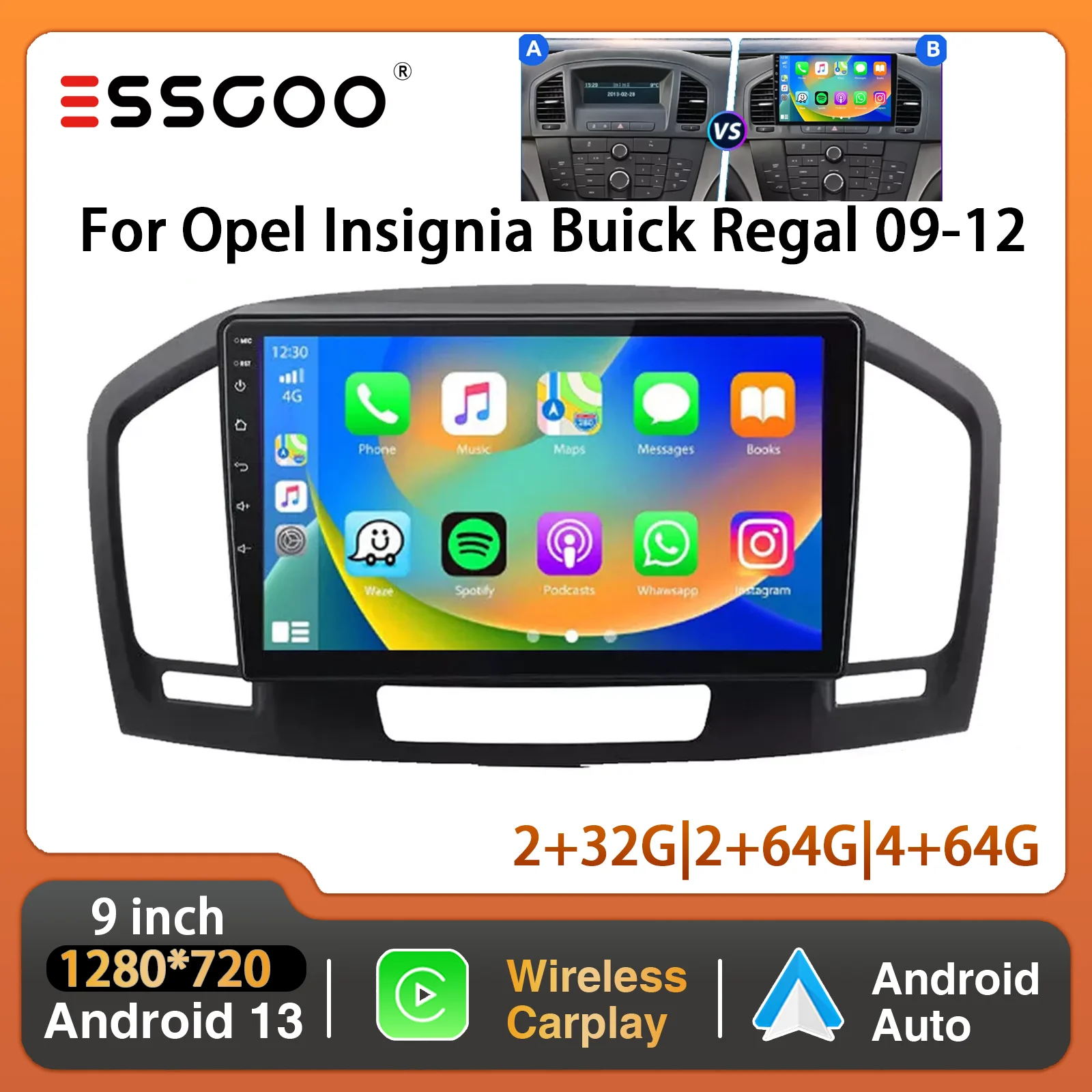 ESSGOO 9" For Vauxhall Insignia Opel Insignia Buick Regal 08-13 Carplay Android 13 Car Stereo Radio Multimedia Player GPS BT RDS