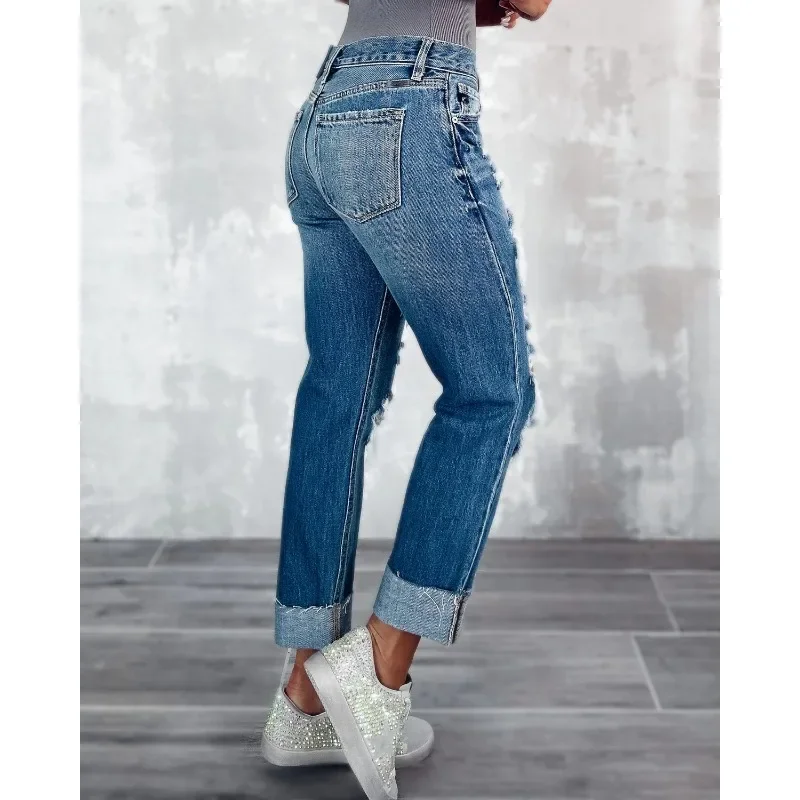 

Trousers Ripped Straight Denim Pants Street Style Y2K High Waist Jeans Streetwear Long Jeans for Women Hole Washed Jeans
