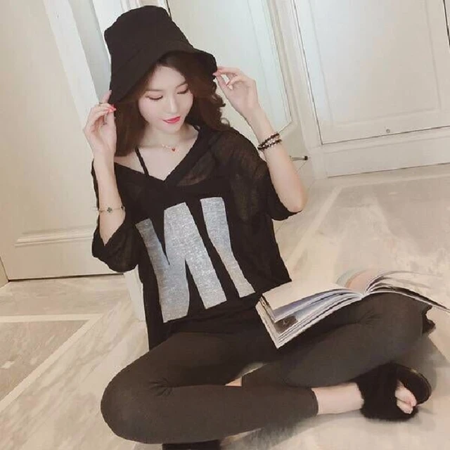Women Half Sleeve Loose T-Shirts V-Neck Summer Causal Letter Print Crops Tops Pullovers Tees Streetwear Y2K 2pcs T Shirt+Tank 3