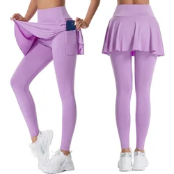 Women High Waist Leggings Solid Color Tennis Pleated Skirts Autumn Winter Fitness Sports Gym Workout Yoga Pants With Pocket