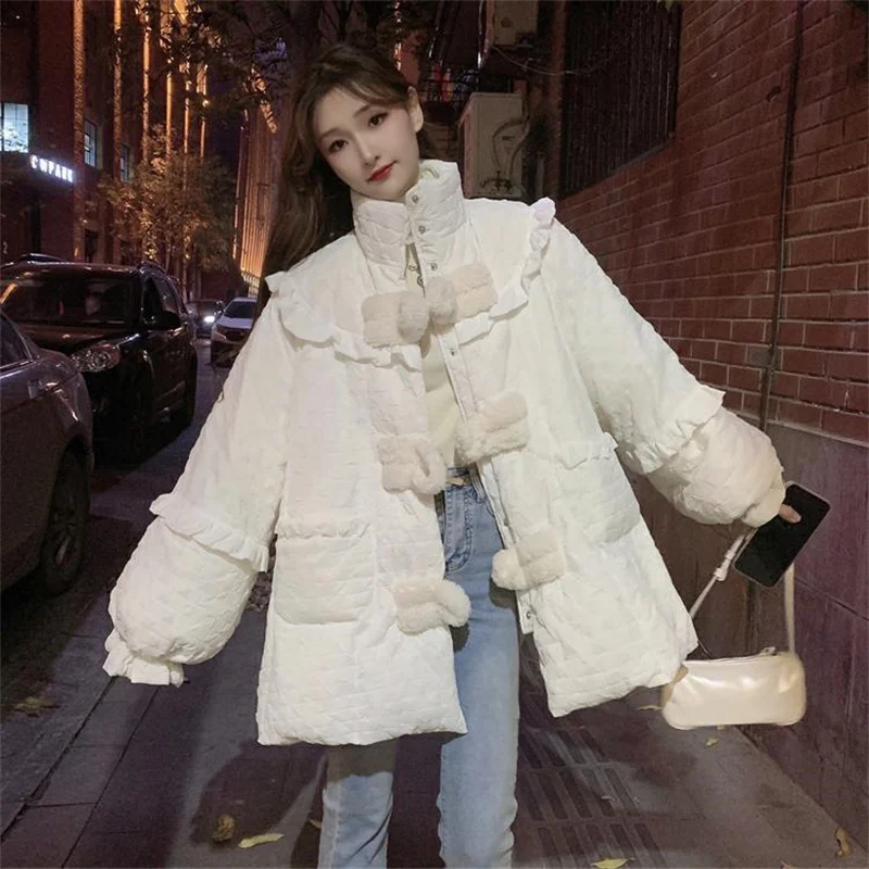 

Japan Cotton Jacket Woman Winter Button New Thickened Design Sense Of Minority Ruffle White Long Sleeved Woman Jacket