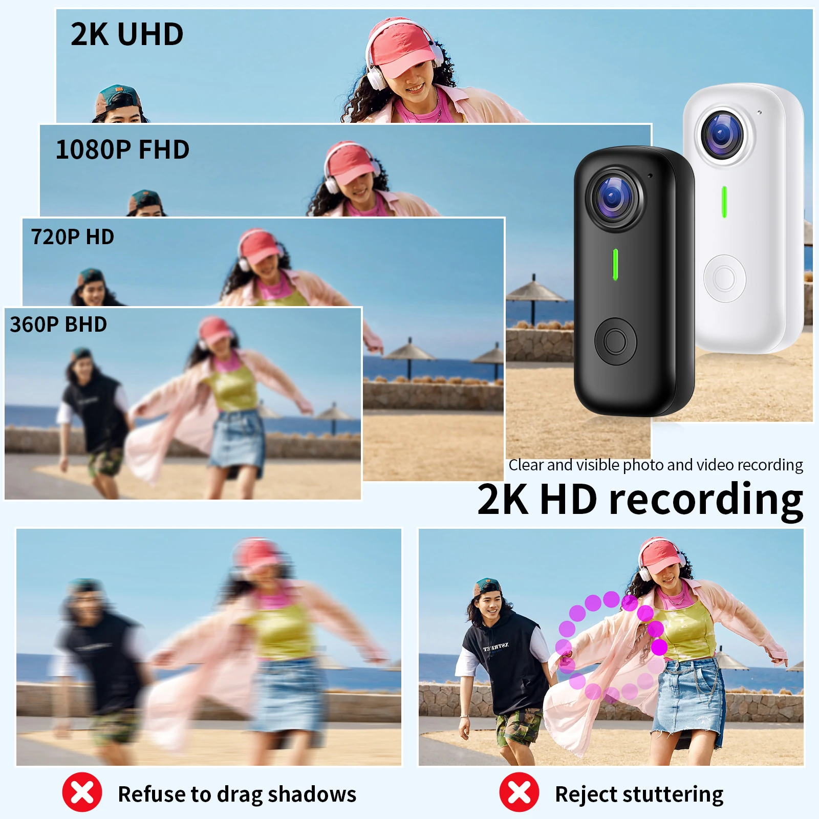 32GB 썸 카메라 2K 미니 액션 카메라, 포켓형 웨어러블 WiFi 방수 캠코더 (120도) ° 브이로그 사이클링을 위한 광각 렌즈