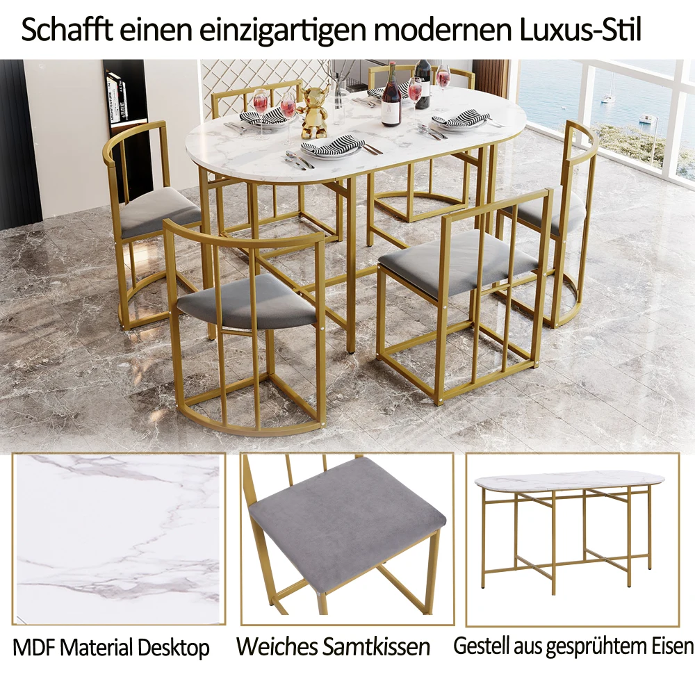 Stilvolles Modernes 6-Sitzer Esstisch- und Stuhlset, Weißer Tisch mit Grauen Gepolsterten Stühlen und Goldenem Eisenrahmen – Detail 8