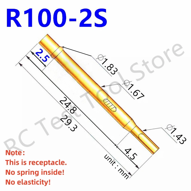 

20/100PCS R100-2S Test Pin P100-B1 Receptacle Brass Tube Needle Sleeve Seat Solder Connect Probe Sleeve 29.2mm Outer Dia 1.67mm