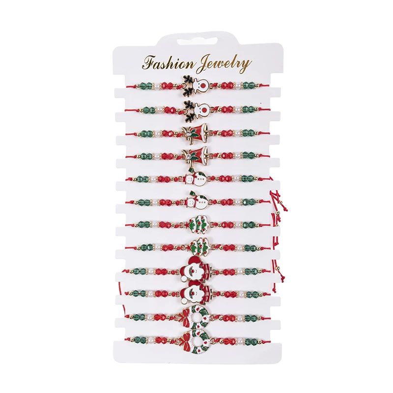 크리스마스 참 팔찌 세트, 산타클로스 눈사람 벨 엘크 눈송이 로프, 조정 가능한 팔찌, 여성용 새해 선물, 12 개/세트
