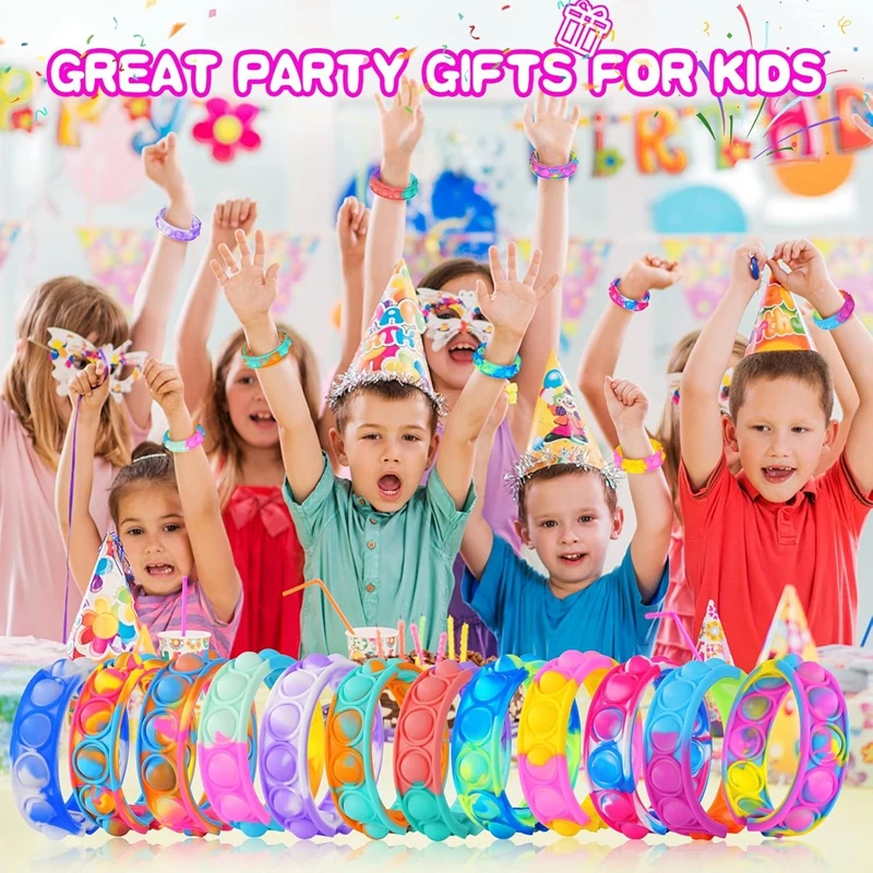 12Pcs Pop Bracelets Fidget Toy Kids Birthday Party Favors Goodie Bag Pinata Filler Guest Gift Sensory Stress Relief Wristband