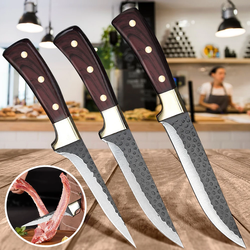 3-teiliges Edelstahl-Steakmesser-Set mit Vintage-Holzgriff, Scharfe Grillmesser mit genietetem ergonomischem Griff, Küchenbesteck – Detail 12