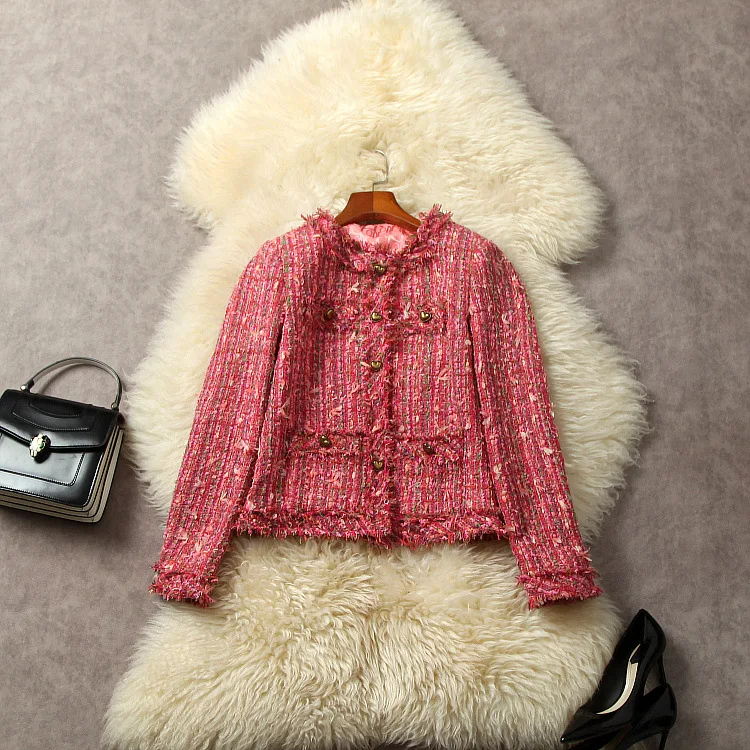 

Europe and the United States women's 2024 winter new Round neck Long sleeve single breasted red fashion The tweed jacket