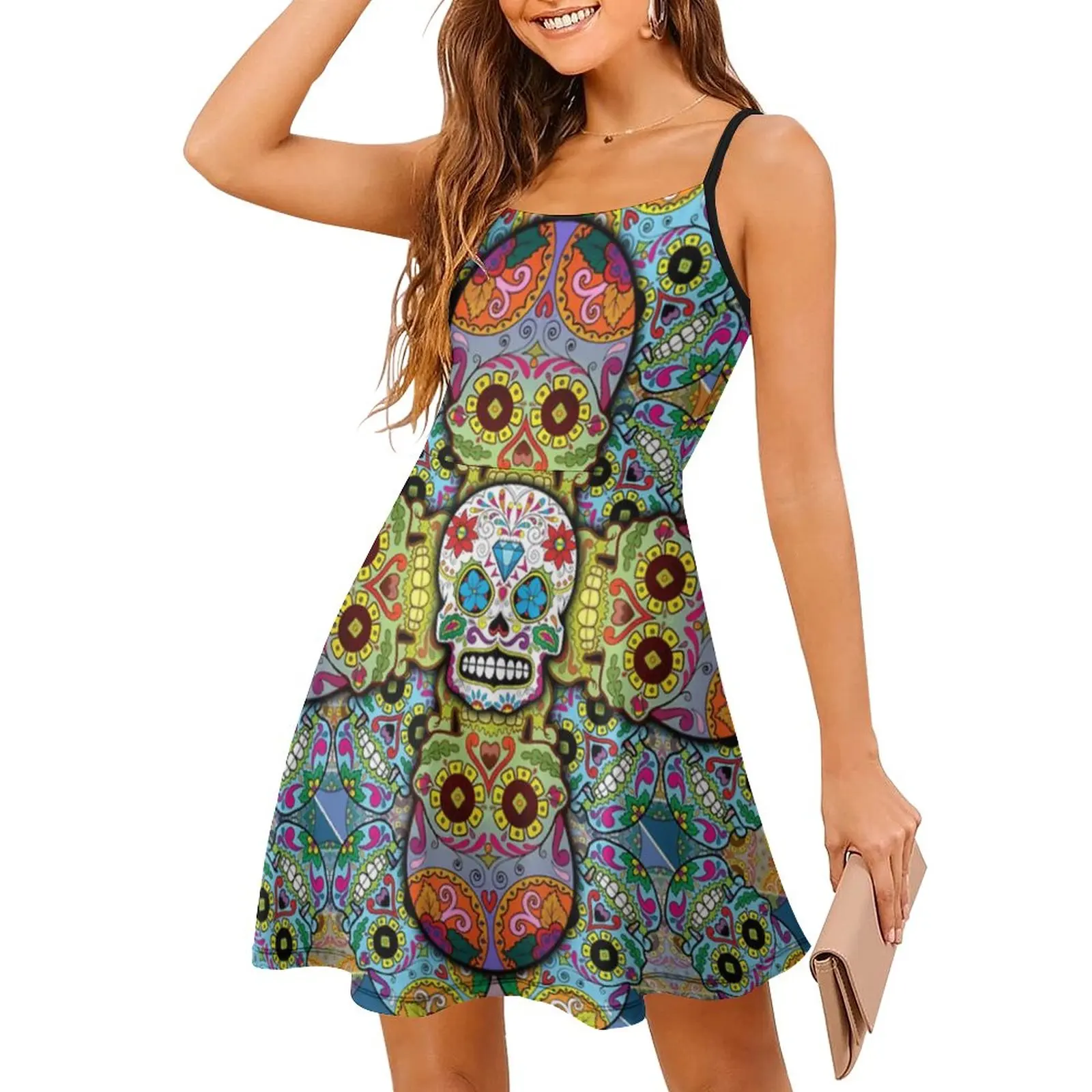 

Halloween Skull Crazy (5) Women's Sling Dress Geek Suspender Dress Vintage Exotic Woman's Dress Vacations