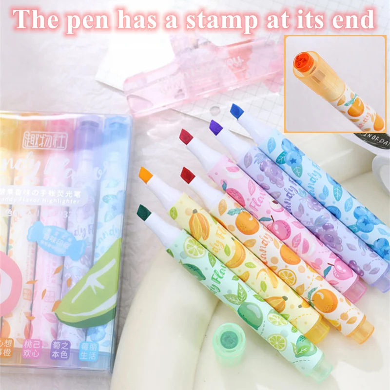 Creative Fruit Scented Soft Tip Highlighter Pens with Stamp for DIY Journaling Note-taking