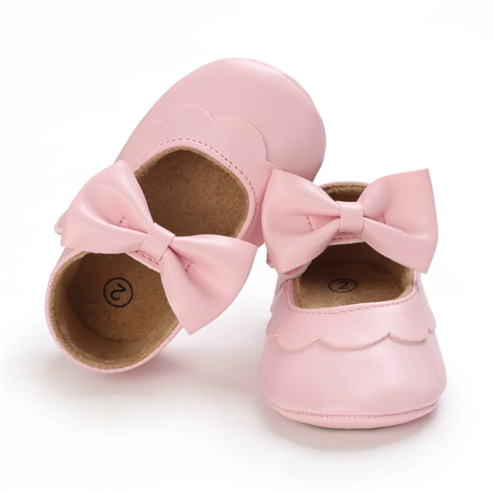 Newborn Baby Girls Mary Jane Flats Elegant Princess Bowknot Dress Shoes Non-Slip Crib Shoes for Infants Toddlers Solid Color