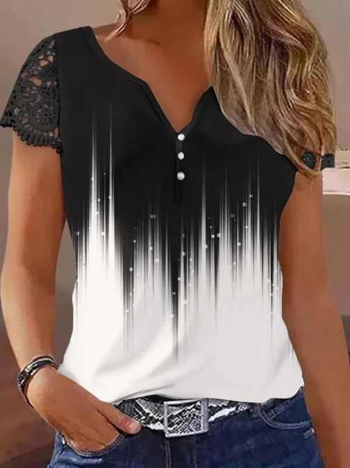 

Summer casual short sleeved women's abstract printed split neck tie up patchwork top
