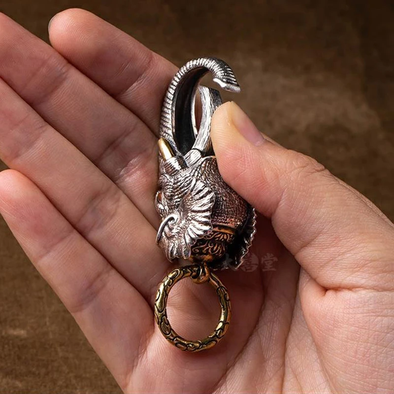Silver Manual Elephant God of Wealth Pendant Ring Buckle Car Keychain Personality Creativity Vintage Jewelry