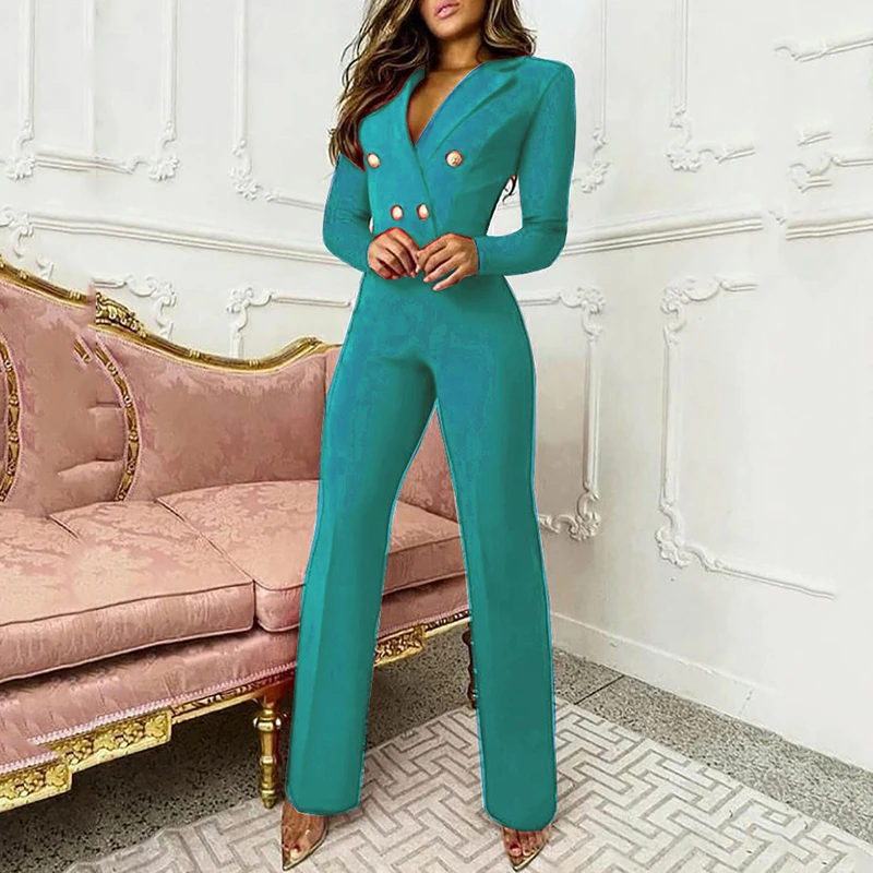 

Elegant Office Lady Solid Color Jumpsuits Patchwork Design Button Deep V-Neck Long Sleeve High Waist Slim Pencil Pant Jumpsuit