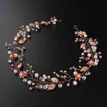 Trendy Flower Rhinestone Pearl Leaf Bridal Headband Crystal Handmade Wedding Hair Accessories Party Headpiece for Women Tiaras