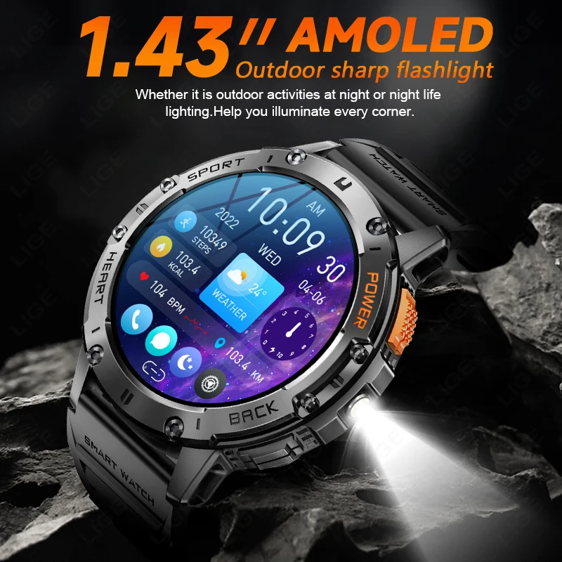 LIGE 530mah Large Battery Ourdoor Smartwatch Men BT Call Sports Fitness Bracelet With Flashlight AMOLED Waterproof Smart Watches