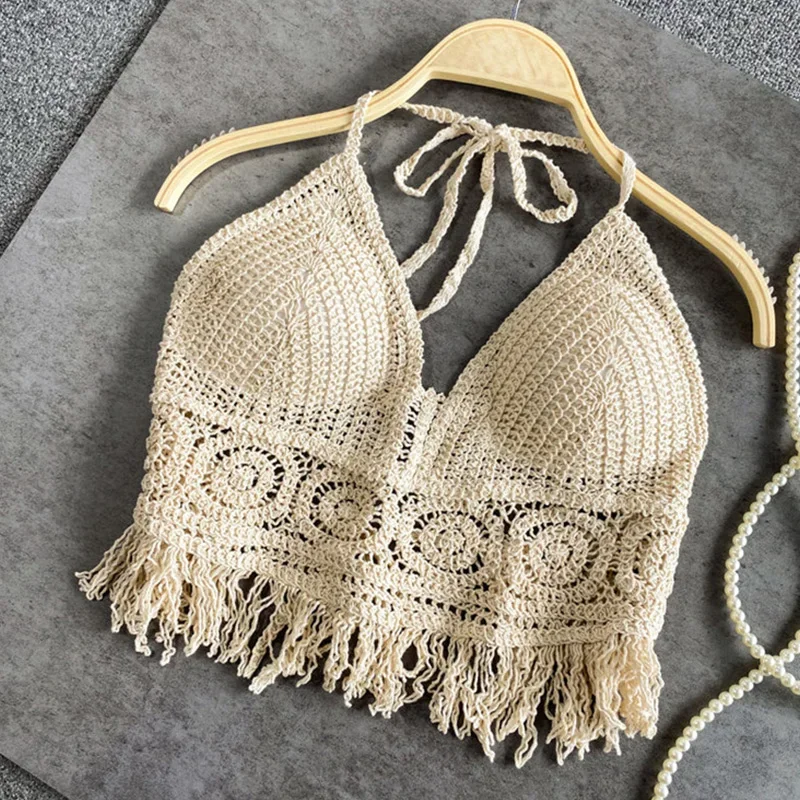 Beach Suit Swimsuit Bra Sexy Boho Beach Holiday Camisole Halter Women Crochet Knit Swimsuit Bra