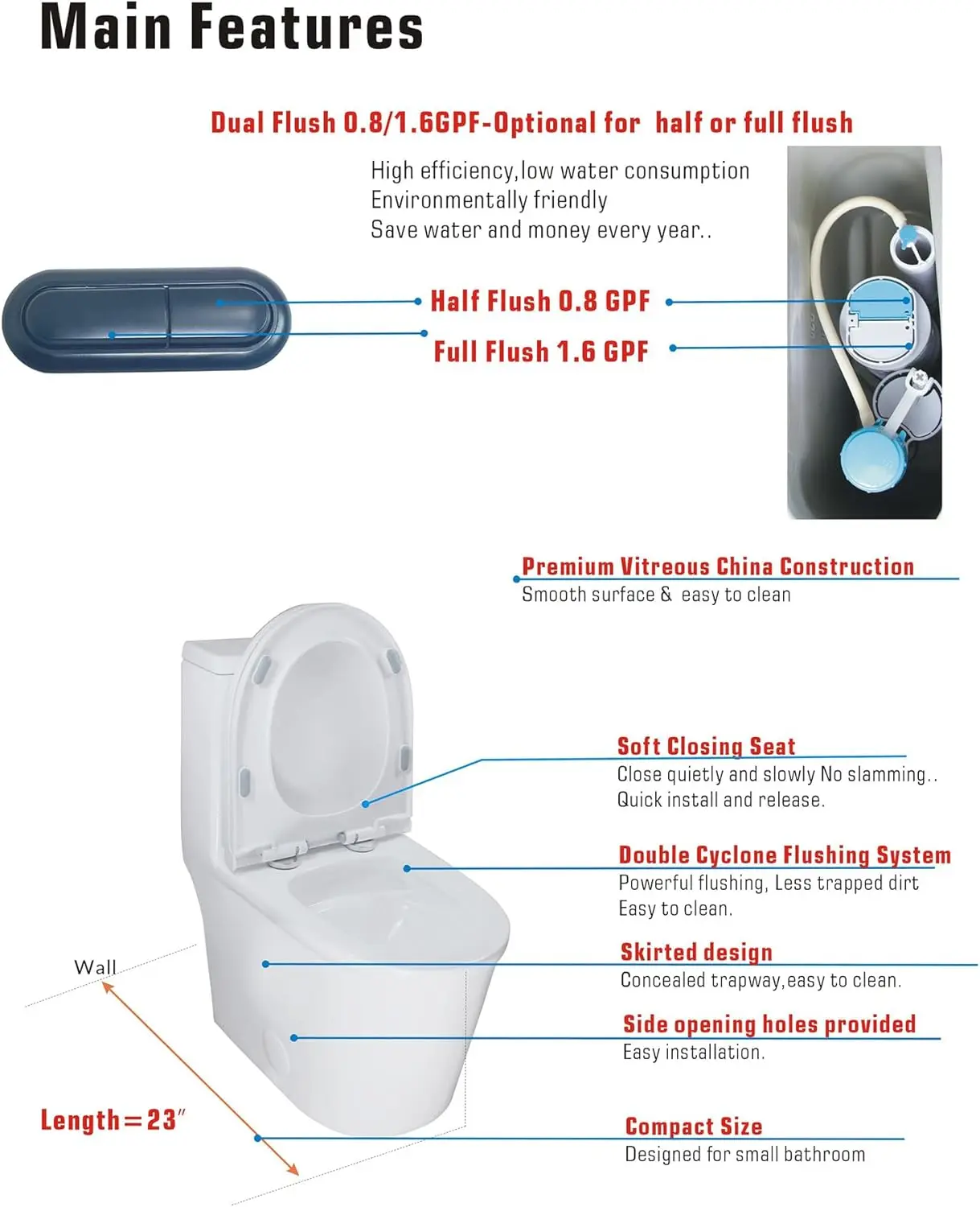 Small One Piece Toilet 23" Depth Modern Compact Short Design with Matte Black Button for Small Tiny Mini Bathroom 12" Rough-in 3