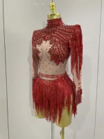 Women Sparkly Rhinestone Sequin Tassel Stretch Bodysuits 2025 New Arrival Birthday Party Nightclub Dj Stage Performance Costume - Image 5