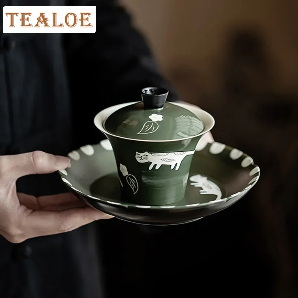 150ml Handmade Powder Yin Olive Green Gaiwan Boutique Hand Painted Cat Tea Tureen Tea Making Cover Bowl Tray Cafes Supplies