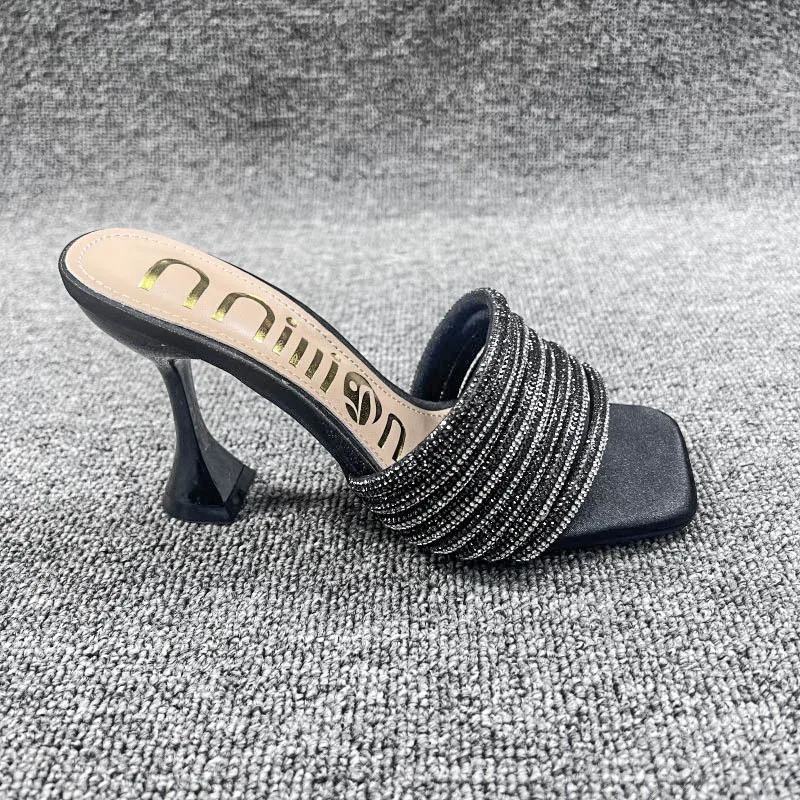 

2024 New Eilyken Rome Design Narrow Band Square Toe Womens Slipper Sandals Summer Sexy High Heel Ladies Mules Slides Shoes Miu