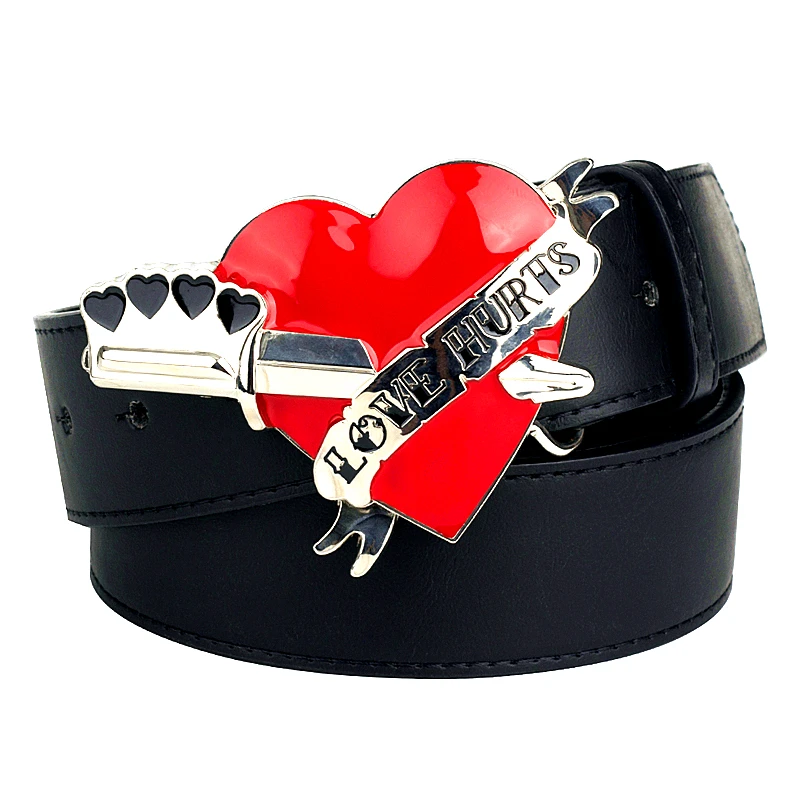 

Novelty Belt Red Heart Shape Buckle Women & Men Decorative Waistband Love Hurts Letter PU Leather Belts For Gift