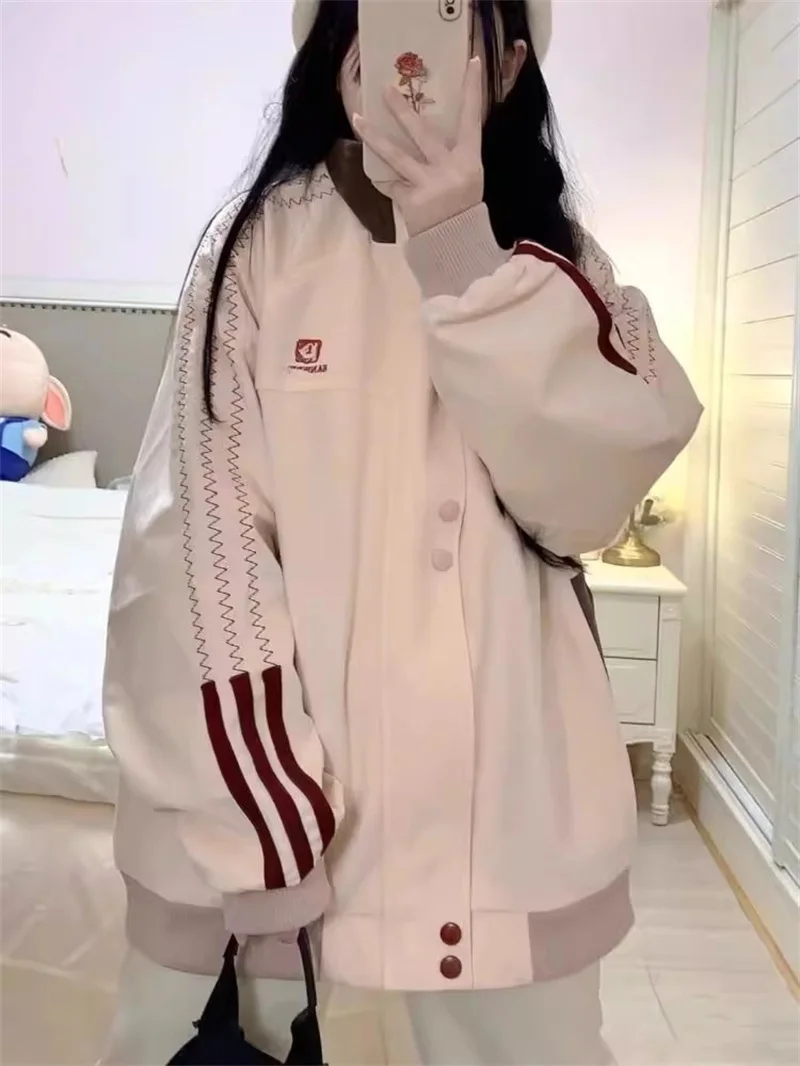 American Retro Baseball Jacket for Women Spring/Summer 2024 New Loose and Versatile Patchwork Design Pink Standing Collar Jacket