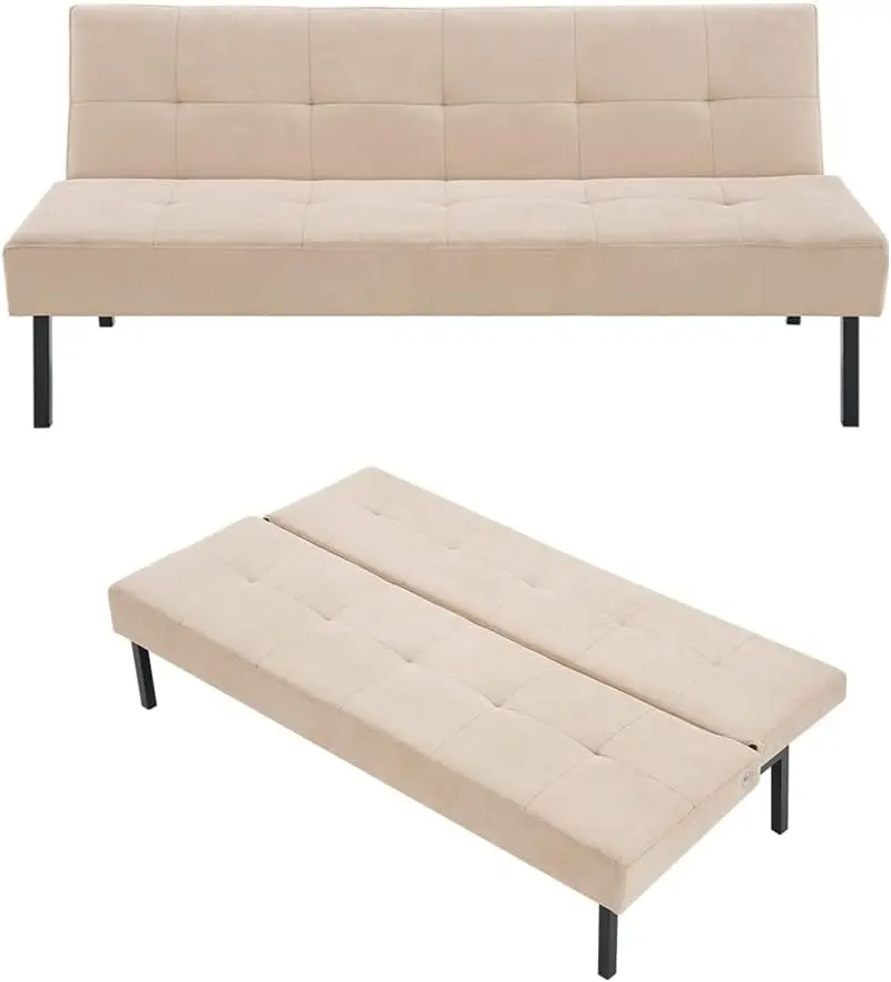 Futon Sofa Bed Convertible Sofa Couch Sleeper Linen Upholstered Home Recliner Reversible Loveseat Folding Daybed Guest Bed