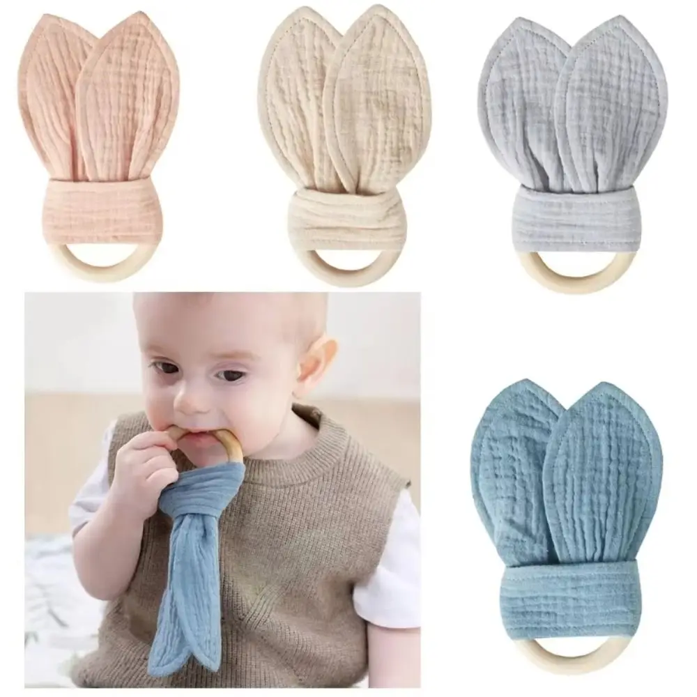 Soft Baby Wooden Hand Grasp Toy Natural Wooden Rabbit Ears Newborn Teething Ring Sensory Toy Bracelet Rattle Chewing Appease Toy