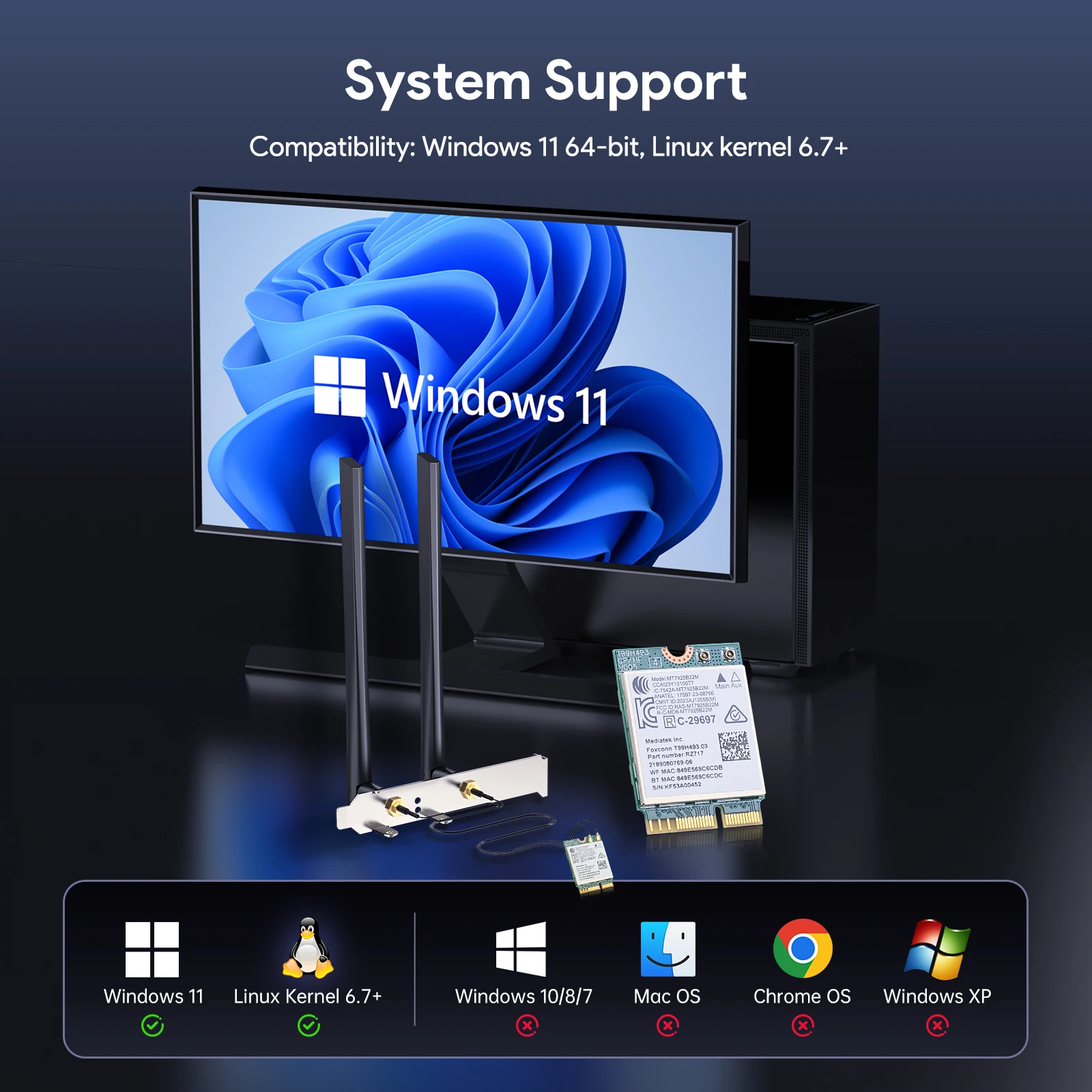 EDUP MT7925 Pro WiFi 7 무선 네트워크 카드 트라이밴드 6GHz 5GHz 2.4GHz 블루투스 5.4 OFDMA 어댑터 (데스크탑 PC 윈도우 리눅스용)