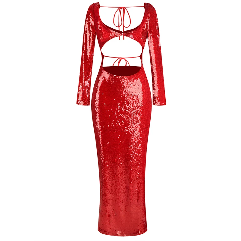 New Fashion Sexy Sequin Open Back Long Sleeve Skirt, Women\'s Slim Fit Waist Decoration, Lacing, Split Party Dress Long Style