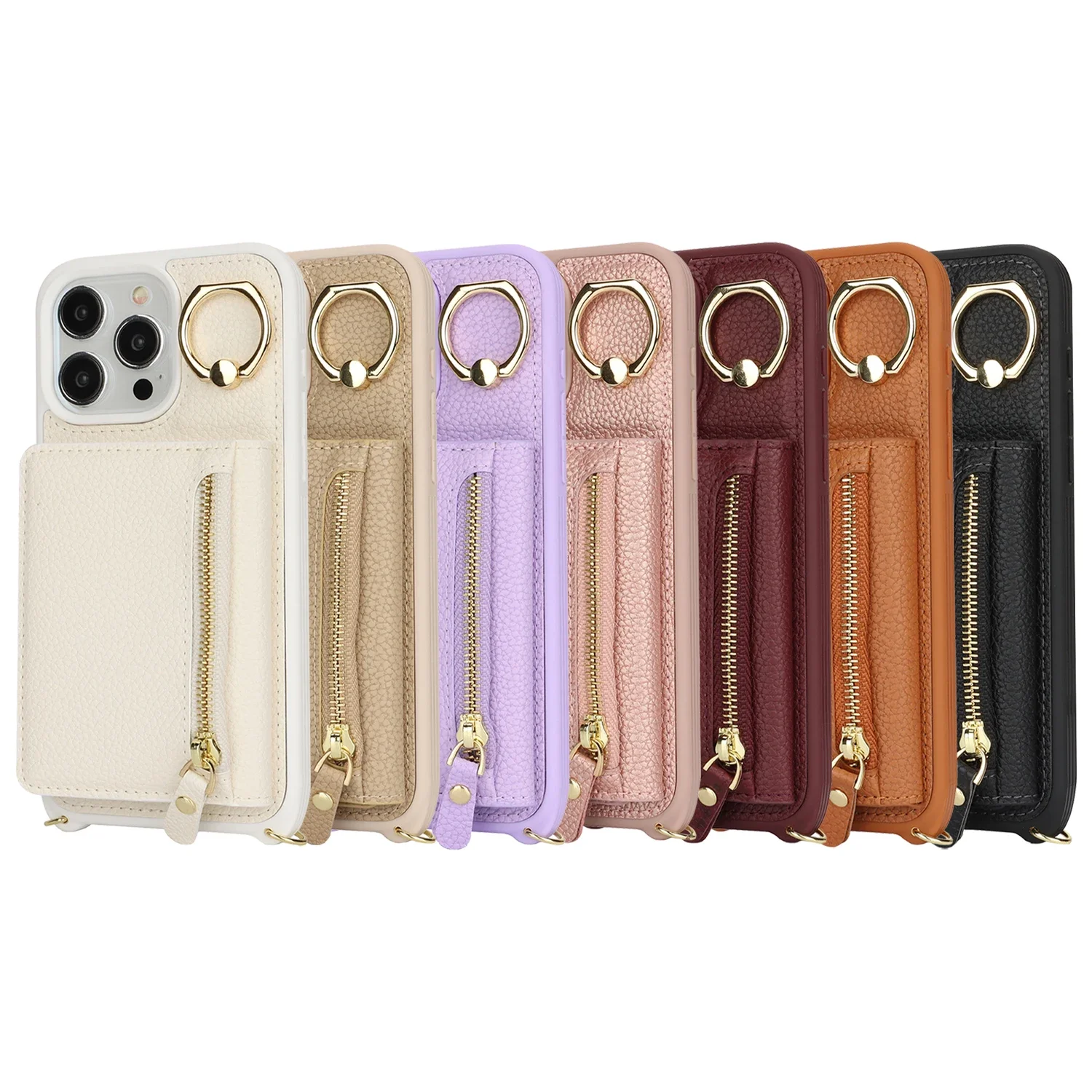 Elegant Crossbody Leather Wallet Case with Ring Holder and Zippered Card Pocket