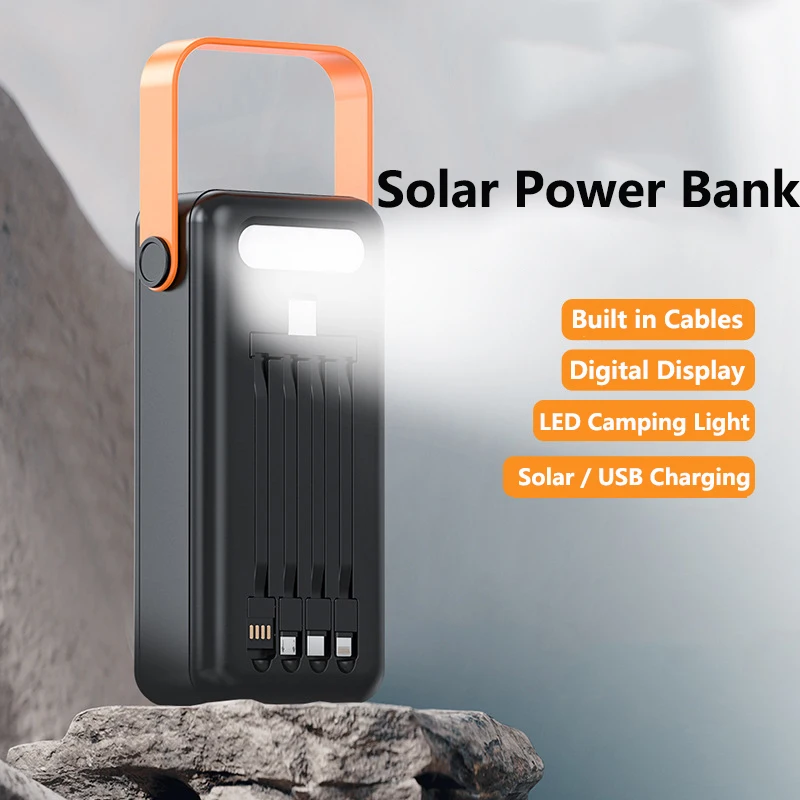 50000mAh Solar-Powerbank mit Kabeln, leichtes tragbares Ladegerät, Schnellladefunktion, externer Akku für iPhone 17, Xiaomi, Samsung und Huawei_voghion.com