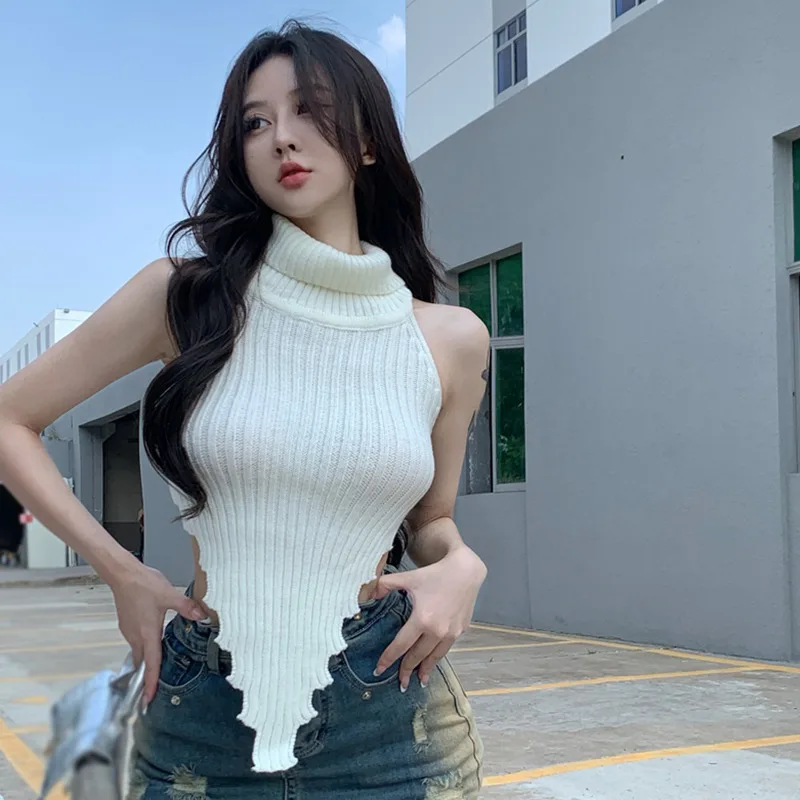 

High collar Knitted Sleeveless Top Thin Vest Knit Sweater Women Sexy Camisole Female Clothing Spring Summer Fall