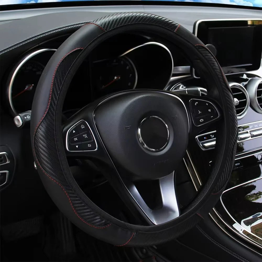 Breathable Anti-Slip PU Leather Car Steering Wheel Cover - Carbon Fiber Design