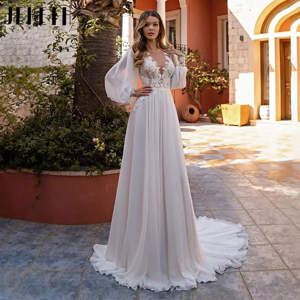 

JEHETH Princess A-Line V-Neck Wedding Dresses Elegant Appliques Chiffon Bridal Gowns Puff Sleeves Buttons Vestidos De Novia 2024