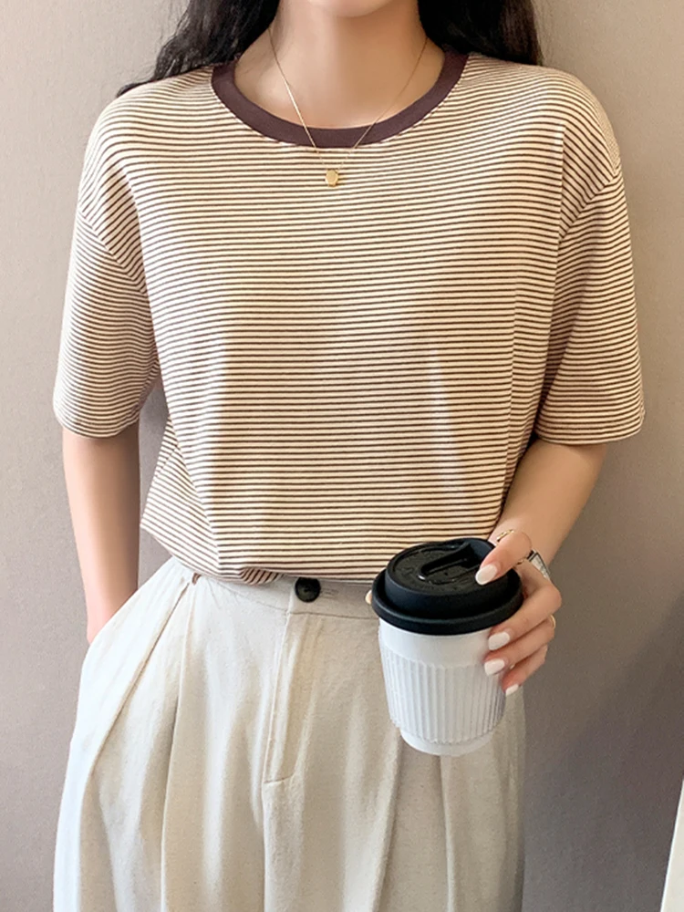 

T-Shirt Woman Summer 2022 Stripe Female T Shirt Women Cotton Slim Casual Camiseta Feminina Poleras Mujer Tshirt Femme